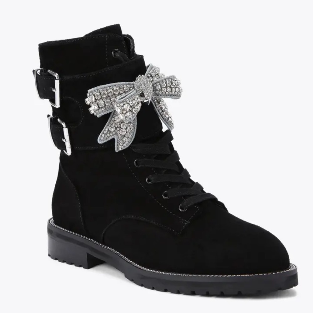 KURT GEIGER Sutton Bow Boot Black Suede Crystal Eagle Bow